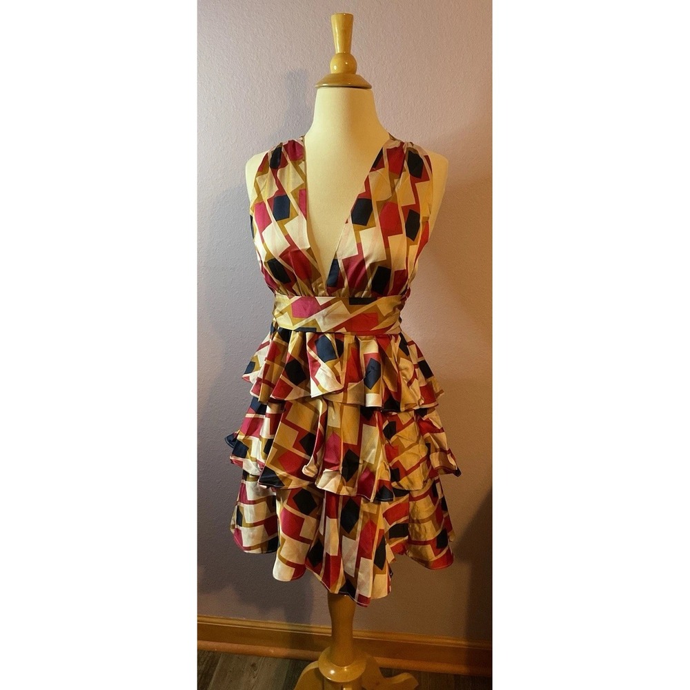 Edit By Nine Satin Geometric Tan Maroon Navy Blue Tiered Ruffle Dress Medium New